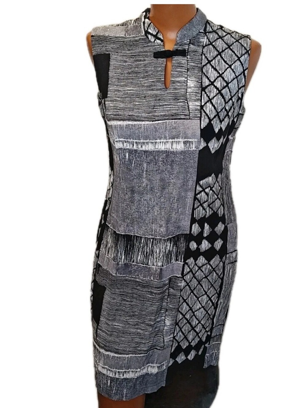 Jams World Nori Mini Tunic Dress S/M Black White Geometric Batik Mandarin Collar